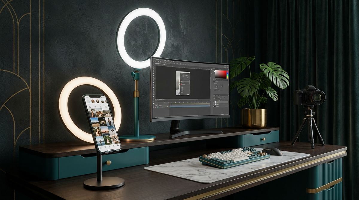 Postazione per creazione contenuti con ring light