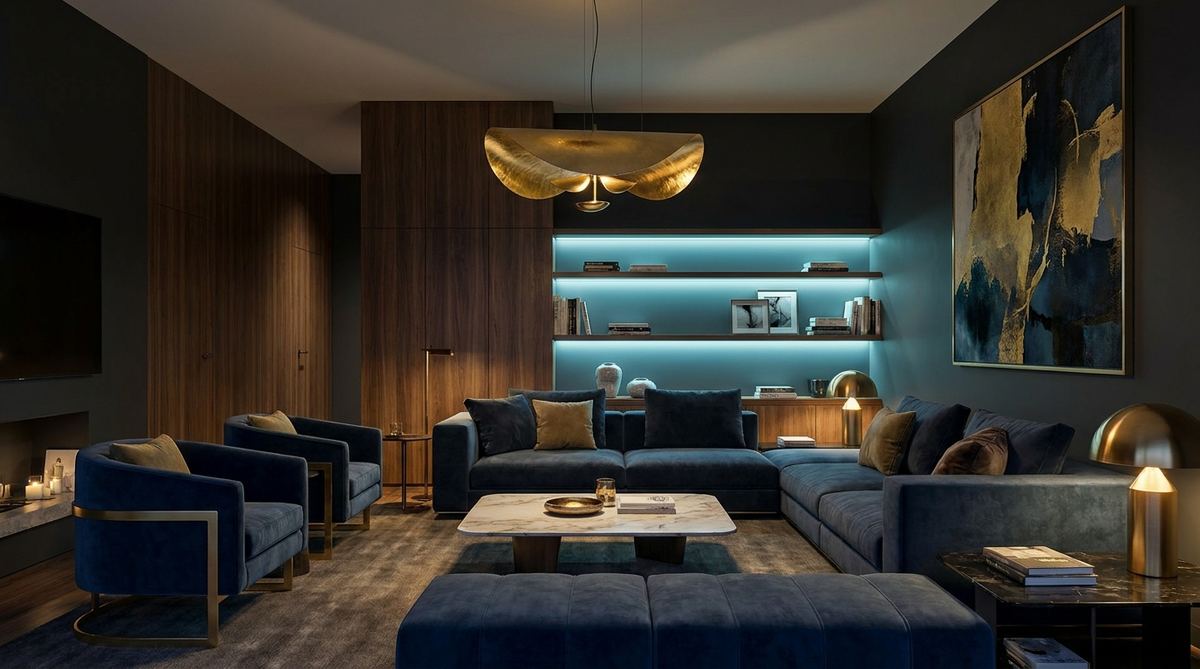 Salotto di design con illuminazione soffusa