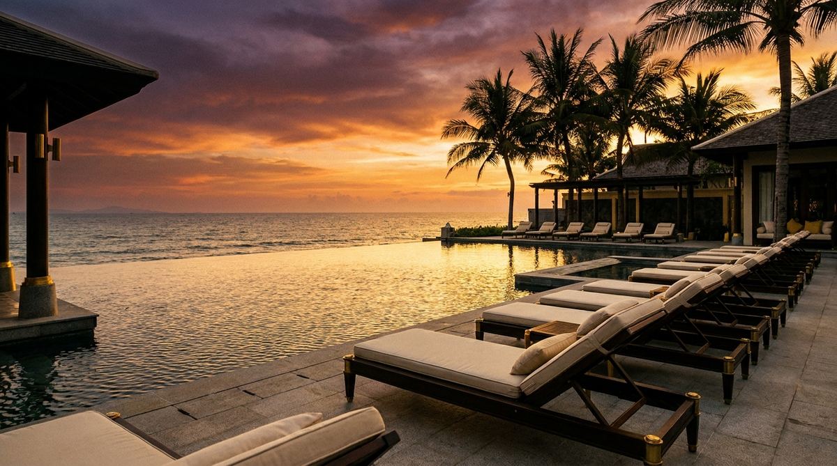 Resort fronte mare con lettini e palme al tramonto