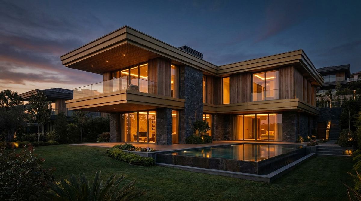Villa moderna in pietra e legno illuminata al crepuscolo