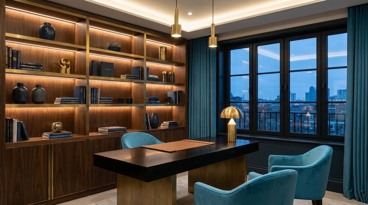 Studio creativo elegante con librerie in legno e luce dorata