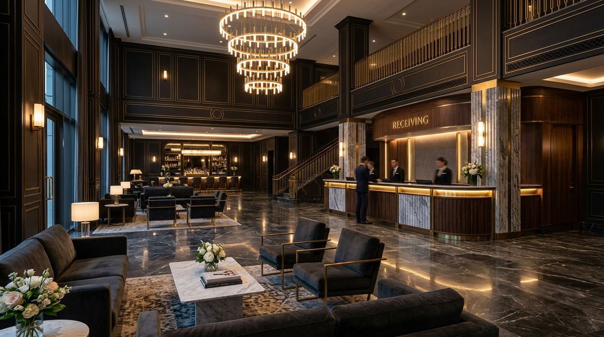 Ambiente lounge di un resort al tramonto