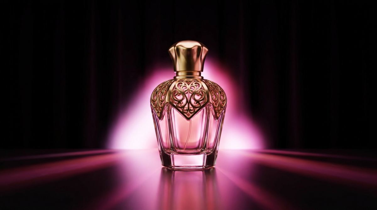 Flacone di profumo di lusso illuminato su fondo scuro