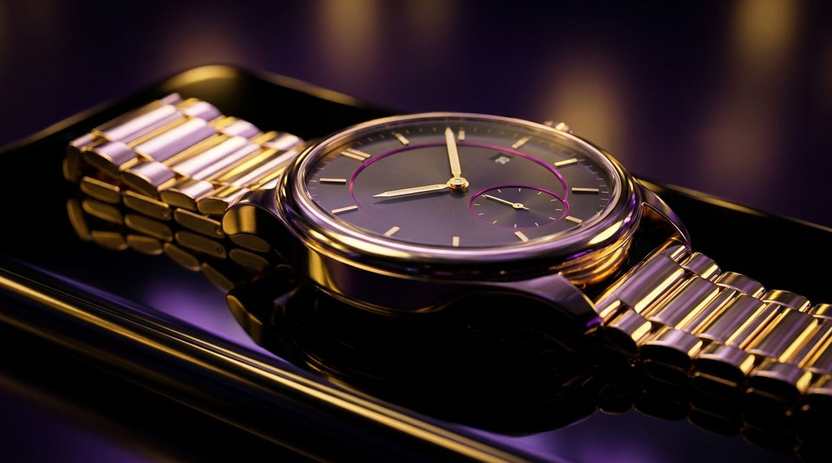 Orologio di lusso in oro fotografato su superficie riflettente