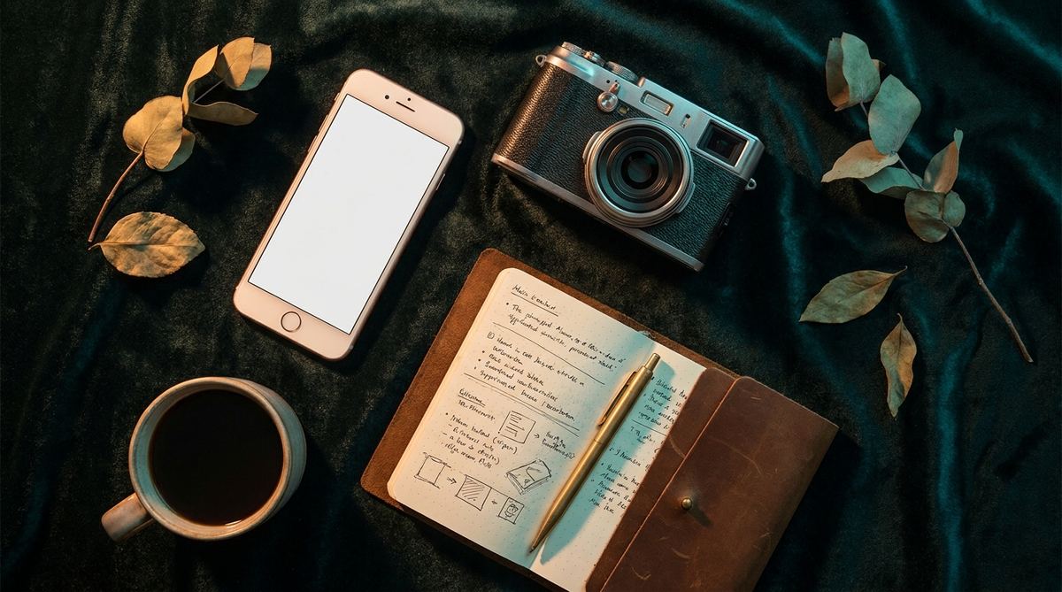 Flatlay creativo con fotocamera e taccuino su fondo scuro