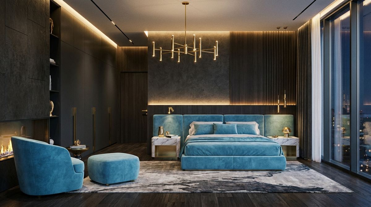 Camera da letto di design con testiera imbottita e vista città