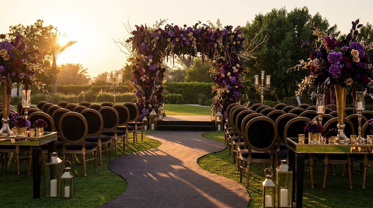 Cerimonia di matrimonio all'aperto al tramonto con allestimento elegante