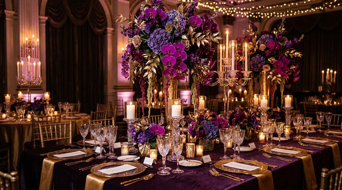 Tavolo di gala allestito con fiori viola e dettagli oro